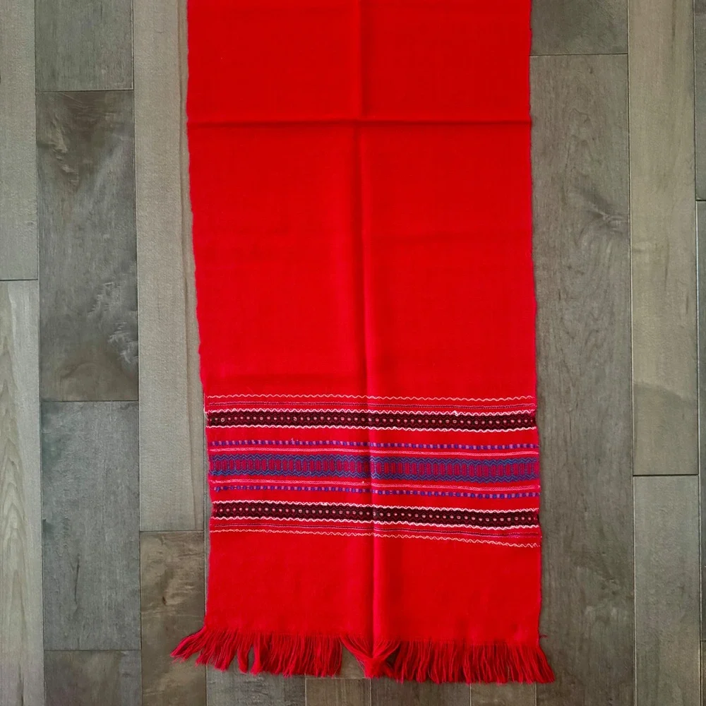 Handwoven Ecuador Red Table Runner with Geometric Folk Border and Fringe Accent